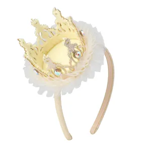 Serre-tête couronne doré avec dentelle blanche et strass irisés pour fête d'anniversaire