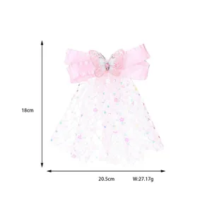Pince à cheveux nœud en tulle rose et paillettes pour fille, dimensions 18x20,5 cm