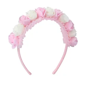 Pink and white rose flower headband with delicate lace trim for girls' princess parties