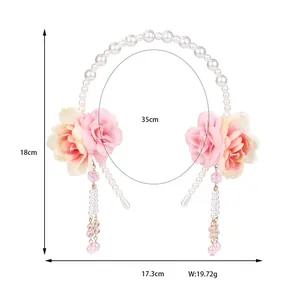 Pink floral headband with pearls and tassels for traditional Chinese hair styling