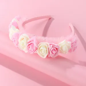 Sweet pink and white rose floral headband with delicate mesh lace for girls' party wear