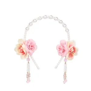Ancient style headband with pink flowers, pearls and tassels for Hanfu accessories