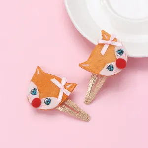 Lindas Pinzas para el Cabello de Zorro de Dibujos Animados para Niños de Tela de Peluche Bordado con Lazo de Cinta Rosa Oro Brillo Clip BB