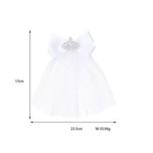 Détail du nœud en tulle blanc à paillettes avec mini couronne et mesures indiquées
