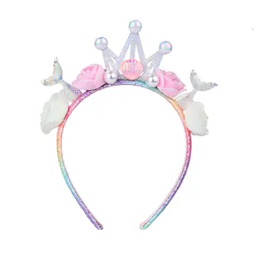 Glittery mermaid crown headband with floral accents and iridescent sequins for girls' party