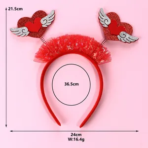 Cerchietto rosso per bambine con cuori glitterati, ali e tulle, larghezza di 24 cm