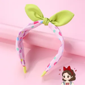 Serre-tête oreilles de lapin à pois pour filles avec tissu rose et nœud vert mignon