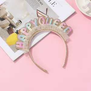 Detail of HAPPY QUEEN party headband with rainbow sequins and soft tulle ruffles