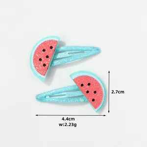 Set of two glitter blue watermelon BB hair clips for girls with felt fruit details