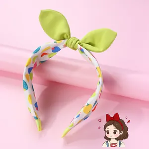 Serre-tête oreilles de lapin en tissu vert avec motif de fruits pour enfants