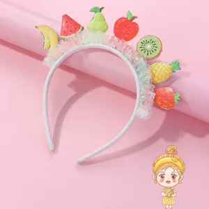 Sweet Kids Fruit Headband With White Lace Trim Glitter Sequin Pineapple Strawberry Hair Band For Party Performance Birthday Girls Accessories