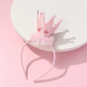 Serre-tête Couronne à Paillettes Rose Enfants Dentelle Maille Papillon Design Künstliche Perle Accessoires Cheveux Princesse Pour Fête
