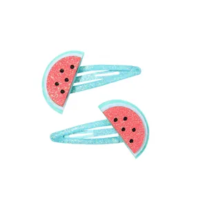 Cute pair of watermelon hair clips with light blue sequins and fabric fruit slices