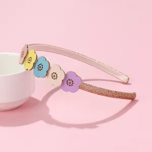 Kinder Süßer Blumen Haarreif Roségold Glitzer Haarkranz Macaron Farbige Lederblumen Mädchen Party Haarschmuck