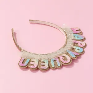 Rose gold HAPPY QUEEN headband with sequins and white lace for birthday parties