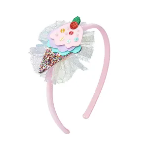 Pink girls headband with sweet sequined ice cream scoop and silver lace details