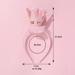 Serre-tête couronne à paillettes roses pour filles avec perles et dentelle