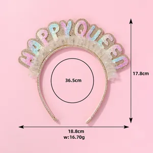Glittery Happy Queen headband with colorful sequins and white mesh for birthday parties
