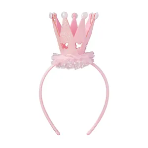 Serre-tête princesse rose à paillettes avec couronne en dentelle et papillon