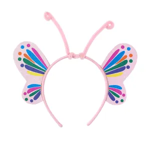 Diadema de mariposa con lentejuelas para niños con antenas rosas y alas de arcoíris
