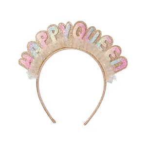 Golden HAPPY QUEEN headband with colorful sequins and mesh trim for party birthday celebrations
