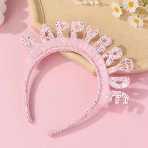 Cerchietto Rosa Glitterato con Lettere Happy Bride e Bordo in Pizzo a Rete per Matrimonio Addio al Nubilato Gioielli per Capelli