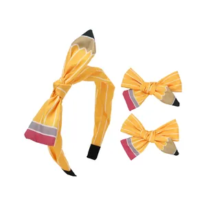 Pencil themed hairband and bow clips set for kids back-to-school yellow fabric accessories