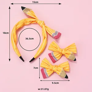 Pencil themed headband and hair bow set for back to school season with size measurements