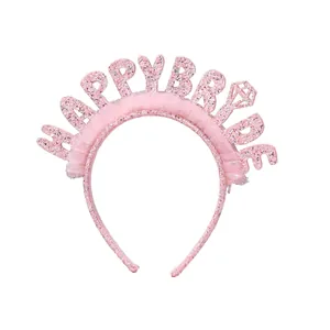 Cerchietto rosa glitterato Happy Bride con paillettes e diamante per festa di nozze