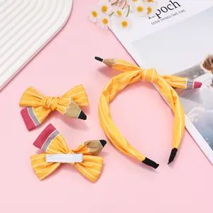 Kids Back To School Pencil Theme Hair Accessories Set Bowknot Headband And Hair Clips For Girls Yellow Fabric Stationery