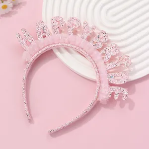 Cerchietto rosa Happy Bride con glitter e pizzo per addio al nubilato e spose