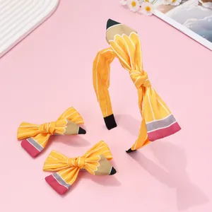 Creative pencil design yellow bow headband and hair clips set for school girls