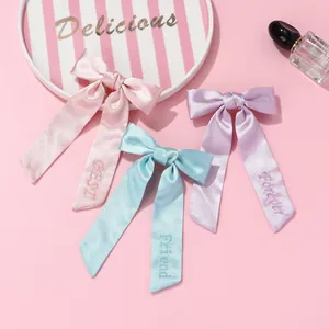 Pinces à Cheveux Nœud en Satin Doux pour Femmes Filles Rose Bleu Violet Best Friend Broderie Long Ruban Pince Bec de Canard