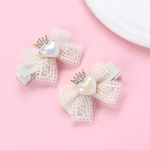 Barrettes à Cheveux Nœud en Dentelle Douce Avec Cœur Couronne Pour Enfants Filles Pinces Croco Strass Accessoires Cheveux Princesse
