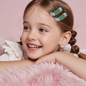 Girl wearing cute cartoon embroidered dog hair clips and sparkling stud earring set
