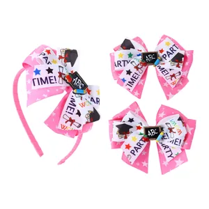 Detailed set of school-themed pink bows and headband with ABC blackboard and pencil decor