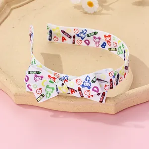 School style white bow headband with colorful crayon and alphabet patterns for girls