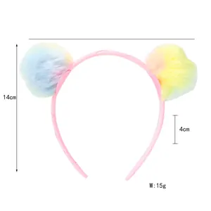 Pink plush headband with colorful gradient faux fur balls for girls 14cm tall