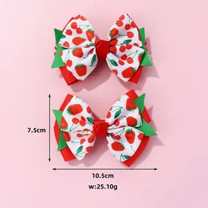 Dual-layer strawberry and cherry bow hair clips for children with size measurements