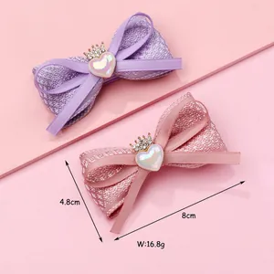 Barrettes à cheveux en tissu avec perles en cœur et couronnes en rose et violet