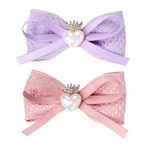 Barrettes à cheveux avec nœuds en tissu rose et violet et couronnes à strass