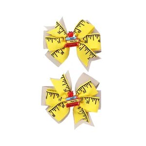School style yellow ruler bow hair clips with book and apple charms for back to school