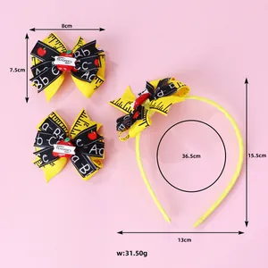 Detail view showing Happy Teacher's Day bow hair accessories with size and weight specs