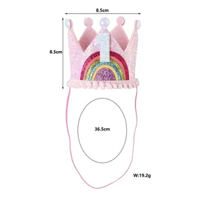 Rosa Glitzer-Geburtstagskrone mit Regenbogen-Patch, Maße 8,5 cm Höhe für Babys
