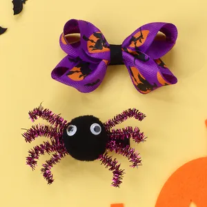 Halloween-Haarschleifen-Set mit Spinnenclip und festlichen Hexen- und Kürbismustern