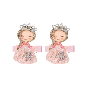 Paire de barrettes princesse à paillettes roses et couronnes argentées pour petites filles