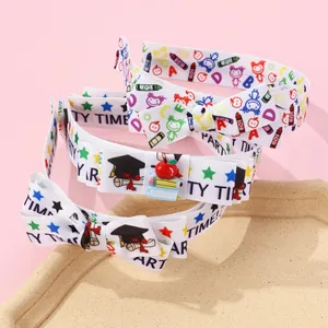 Fabric Bow Headband For Girls Academy Style Graduation Season School Theme Hair Accessory With Doctoral Cap Pencil Apple Pattern