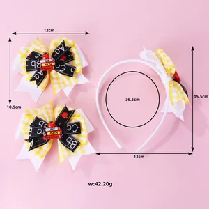 Plaid and alphabet school-themed headband and bow clips set with mini books and apples