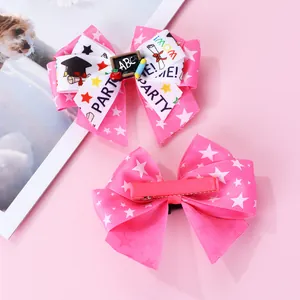 Détail de barrettes à nœuds roses avec tableau ABC, pomme rouge et décors de crayons