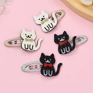 Cartoon Cat Hair Clips For Girls Cute Glitter Sequin Bowknot BB Clips Black White Animal Pattern Sweet Hair Accessories